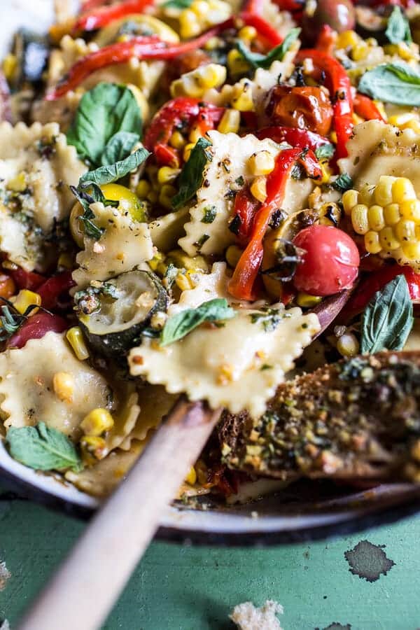 Garden Veggie and Ravioli Skillet with Pistachio Herb Butter | halfbakedharvest.com @hbharvest
