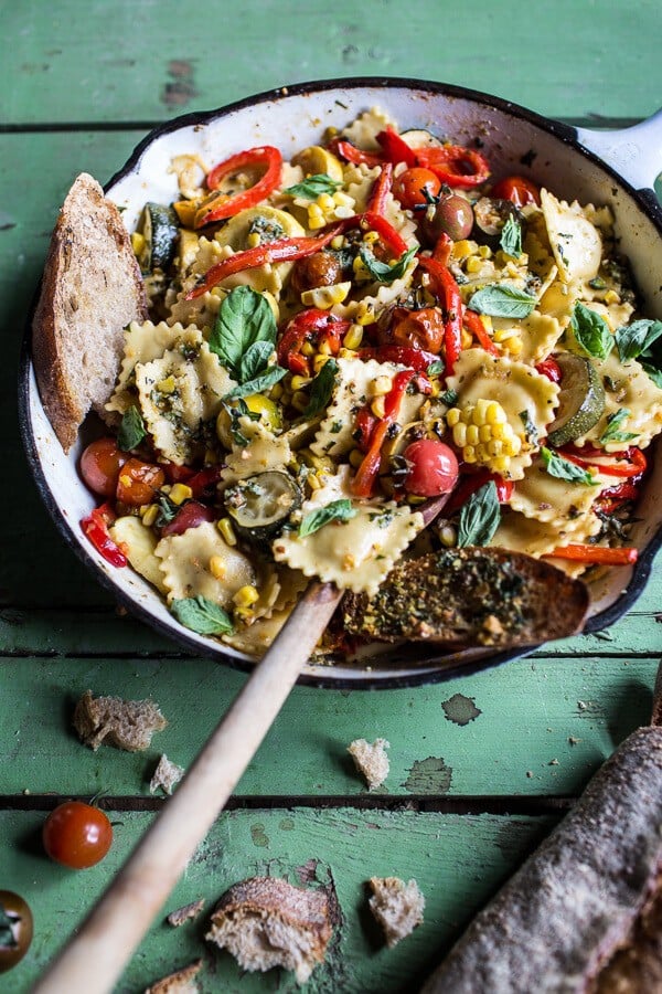 Garden Veggie and Ravioli Skillet with Pistachio Herb Butter | halfbakedharvest.com @hbharvest