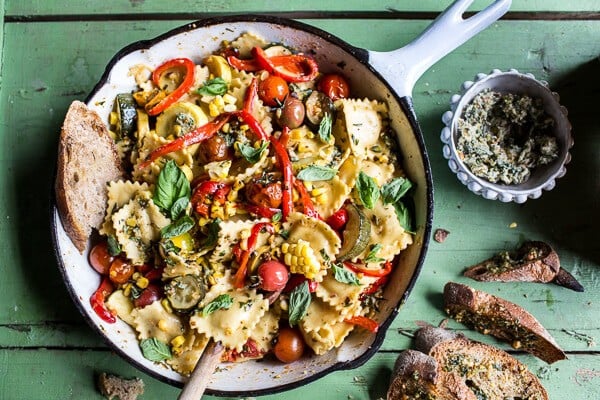 Garden Veggie and Ravioli Skillet with Pistachio Herb Butter | halfbakedharvest.com @hbharvest