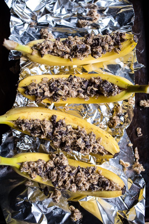 Oatmeal Chocolate Chunk Cookie Stuffed Campfire Bananas | halfbakedharvest.com @hbharvest