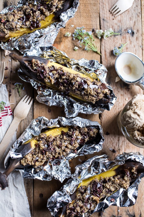 Oatmeal Chocolate Chunk Cookie Stuffed Campfire Bananas | halfbakedharvest.com @hbharvest