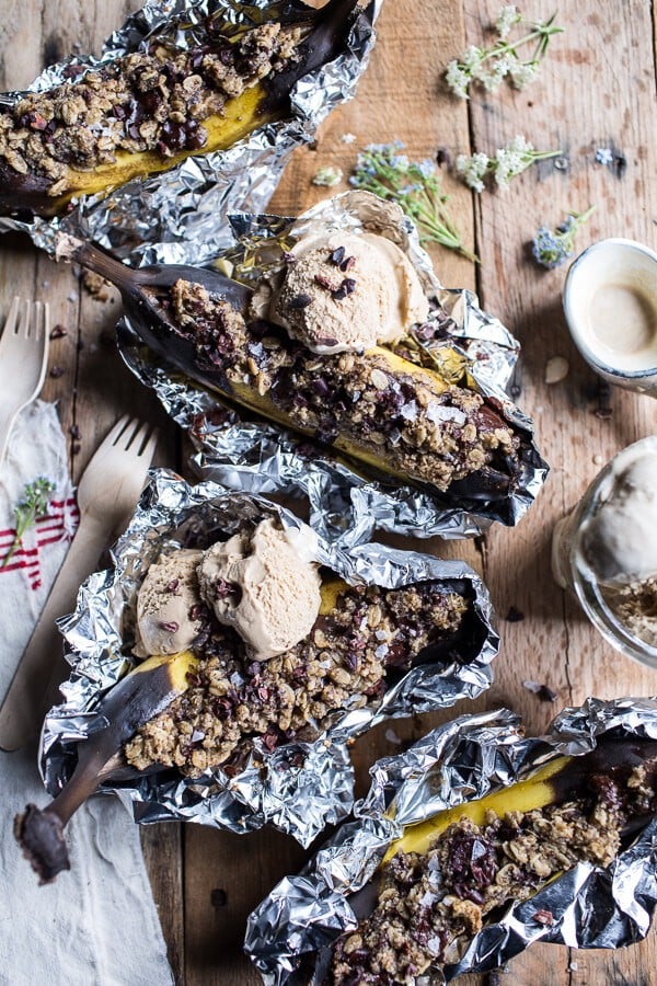Oatmeal Chocolate Chunk Cookie Stuffed Campfire Bananas | halfbakedharvest.com @hbharvest