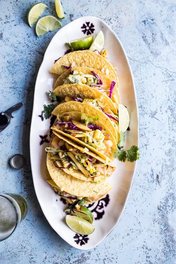 Seafood Tacos with Lime-Green Chile Sauce + Grilled Corn Slaw | halfbakedharvest.com @hbharvest