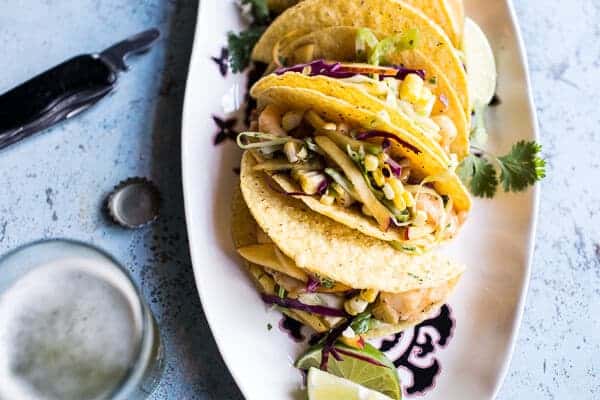 Seafood Tacos with Lime-Green Chile Sauce + Grilled Corn Slaw | halfbakedharvest.com @hbharvest