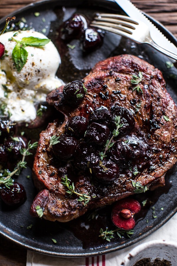 Smoked Ancho Chile Salted Steaks with Drunken Burst Sweet Cherries + Burrata | @hbharvest