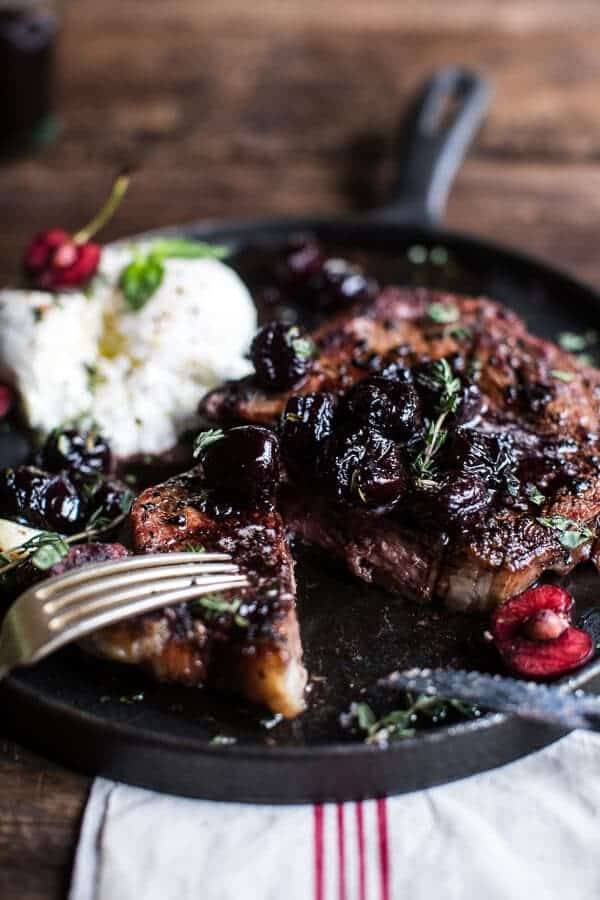 Smoked Ancho Chile Salted Steaks with Drunken Burst Sweet Cherries + Burrata | @hbharvest