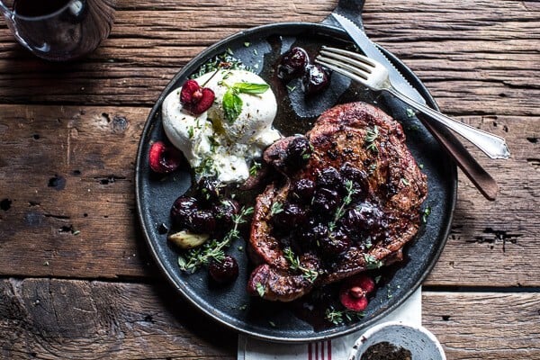 Smoked Ancho Chile Salted Steaks with Drunken Burst Sweet Cherries + Burrata | @hbharvest