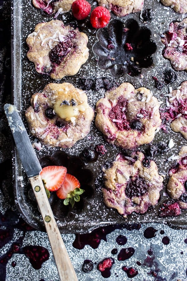 Baked Mixed Berry Coconut Cornbread Muffins | halfbakedharvest.com @hbharvest