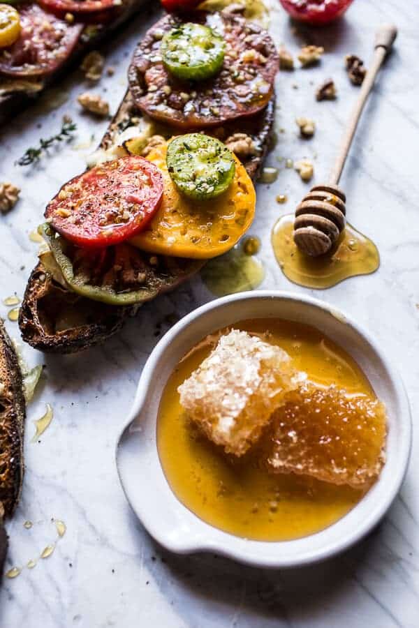 Buttered Brie and Heirloom Tomato Toast with Honey, Thyme + Walnuts | halfbakedharvest.com @hbharvest