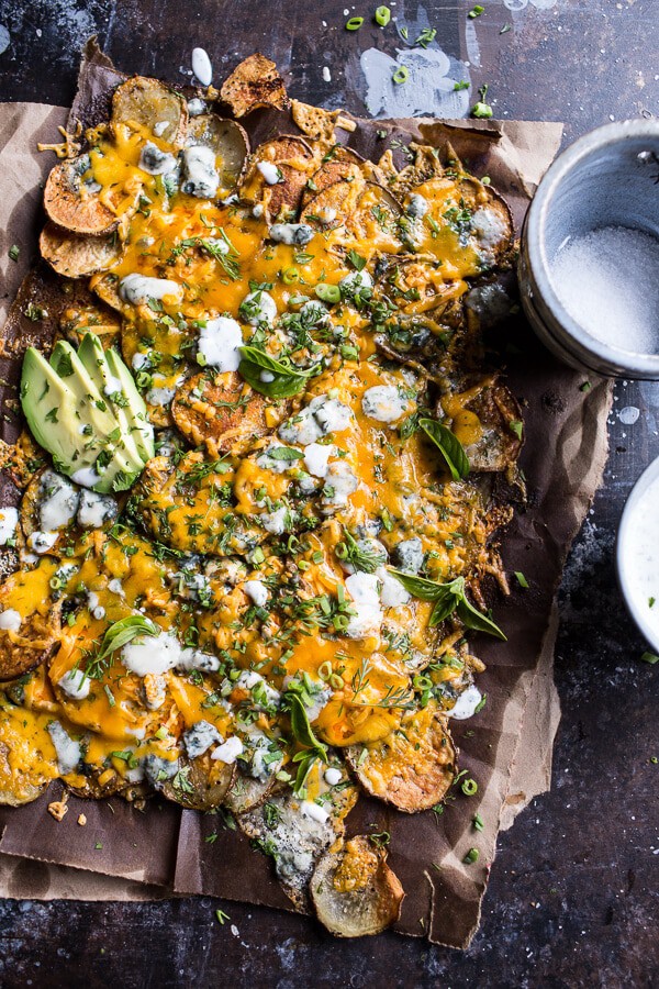 Crispy Buffalo Cheddar Potato Nachos | halfbakedharvest.com @hbharvest