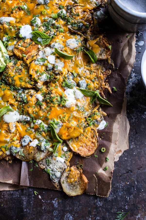 Crispy Buffalo Cheddar Potato Nachos | halfbakedharvest.com @hbharvest