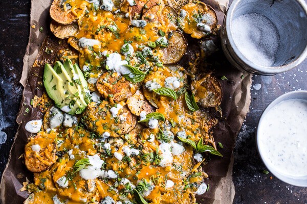 Crispy Buffalo Cheddar Potato Nachos | halfbakedharvest.com @hbharvest
