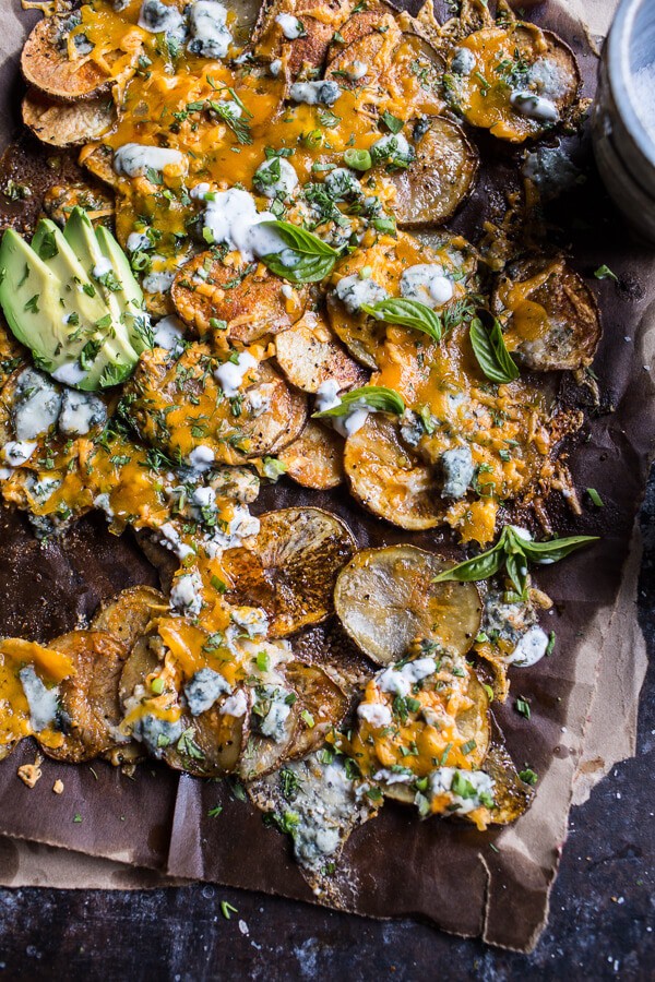 Crispy Buffalo Cheddar Potato Nachos | halfbakedharvest.com @hbharvest