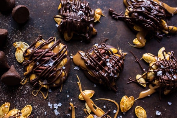 Chocolate Covered Roasted Pumpkin Seed Turtle Clusters | halfbakedharvest.com @hbharvest