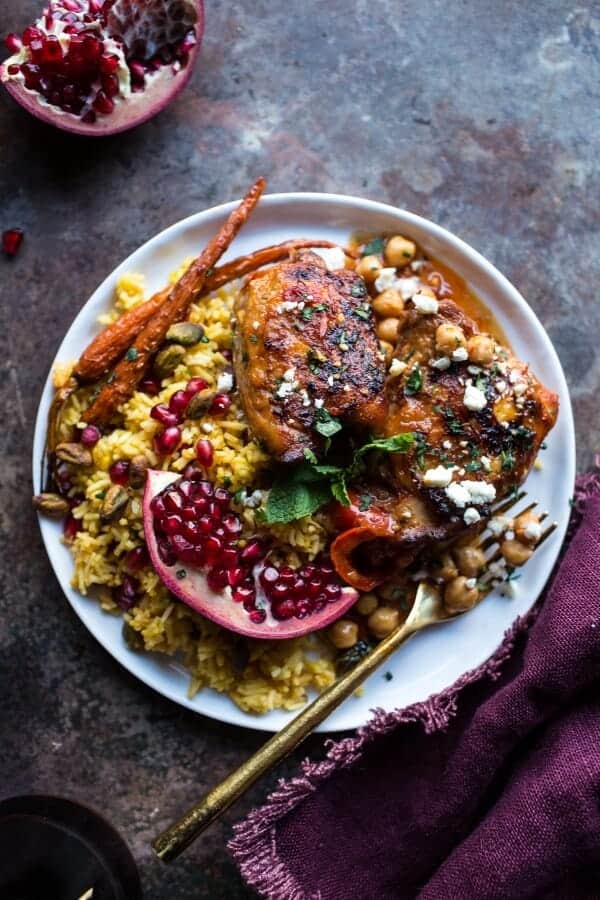 Crockpot Honey Harissa Chicken with Chickpeas, Feta and Jeweled Pomegranate Rice | halfbakedharvest.com @hbharvest