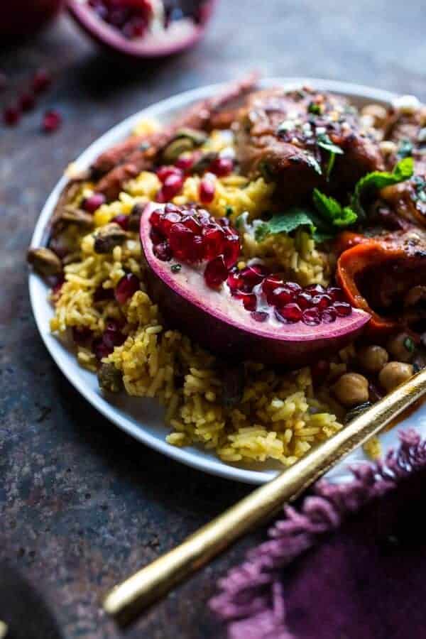 Crockpot Honey Harissa Chicken with Chickpeas, Feta and Jeweled Pomegranate Rice | halfbakedharvest.com @hbharvest