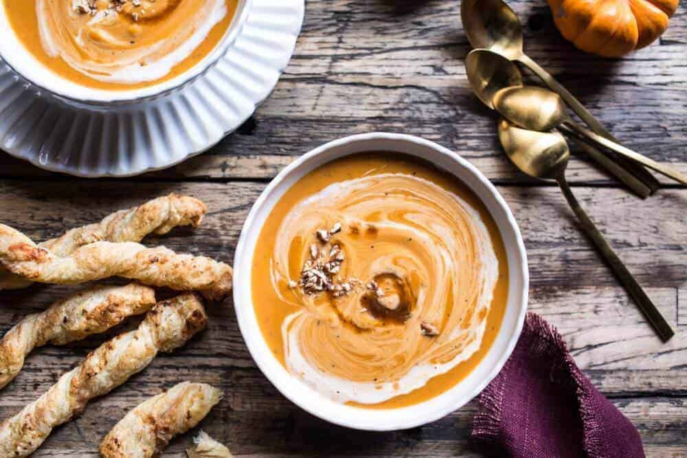 Maple Cream Sweet Potato Soup with Cheddar Cinnamon Sugar Twist | halfbakedharvest.com @hbharvest