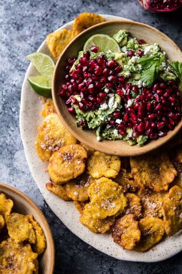 Pomegranate Guacamole with Fried Plantain Chips | halfbakedharvest.com @hbharvest