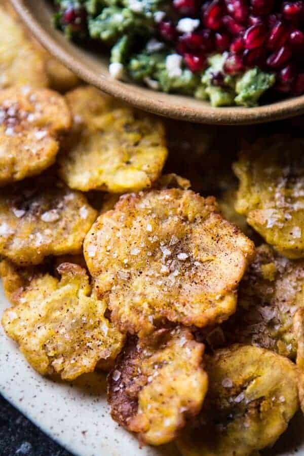 Pomegranate Guacamole with Fried Plantain Chips | halfbakedharvest.com @hbharvest