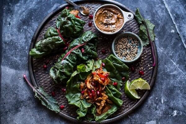 Sweet Thai Chile Chicken Swiss Chard Wraps with Peanut Ginger Sauce | halfbakedharvest.com @hbharvest
