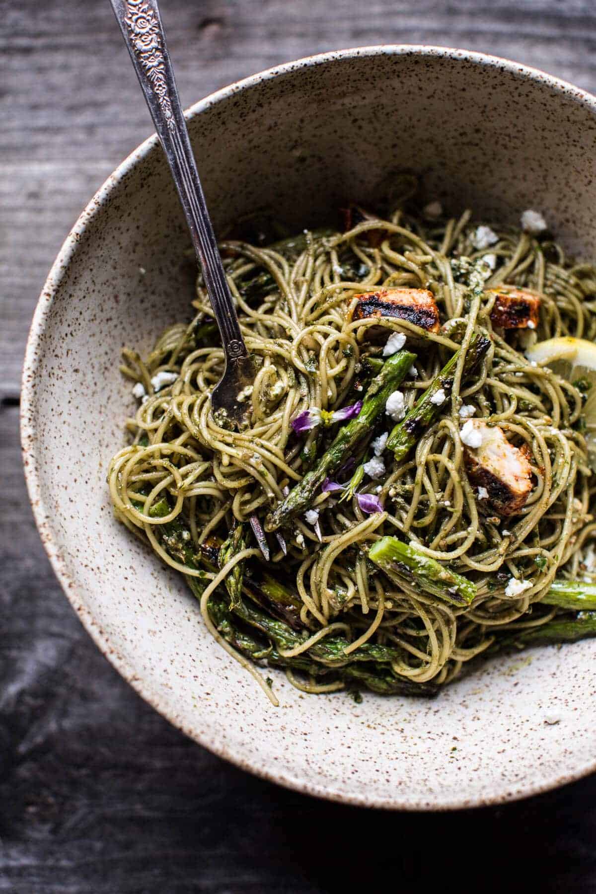 Charred Asparagus and Sunflower Seed Pesto Pasta with Blackened Lemon Chicken | halfbakedharvest.com @hbharvest