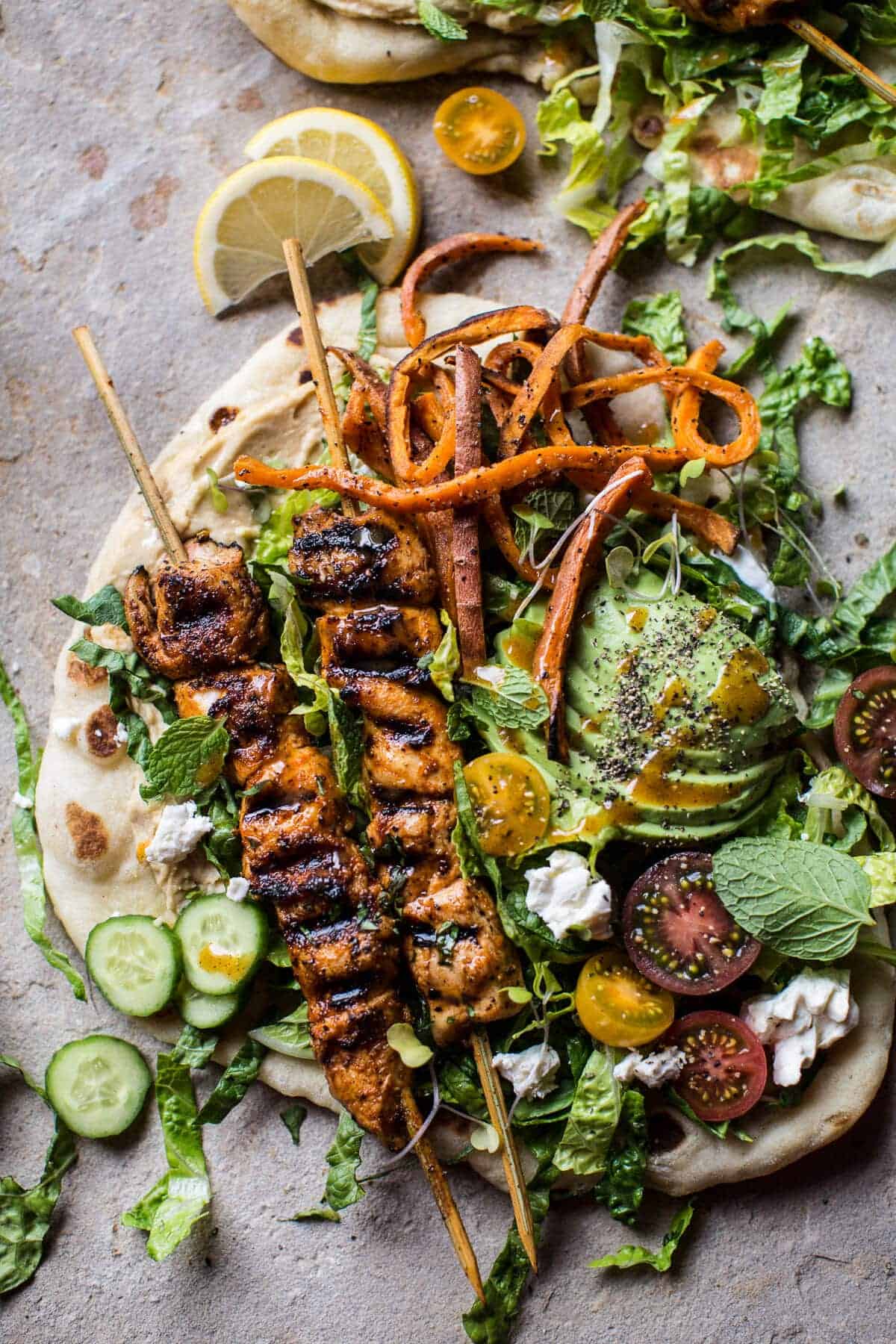 Chicken Shawarma Naan Salad with Sweet Potato Fries | halfbakedharvest.com @hbharvest