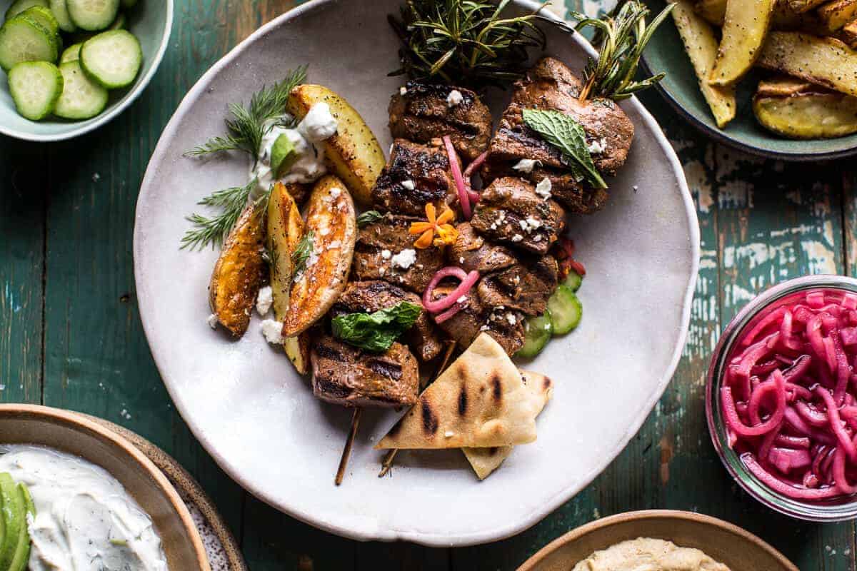 Greek Lamb Souvlaki Plates with Avocado Tzatziki | halfbakedharvest.com @hbharvest