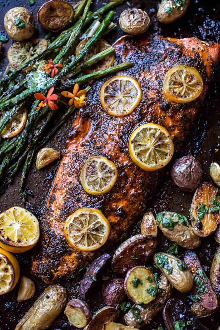 One Pan Lemon Roasted Salmon, Potatoes and Parmesan Asparagus | halfbakedharvest.com @hbharvest