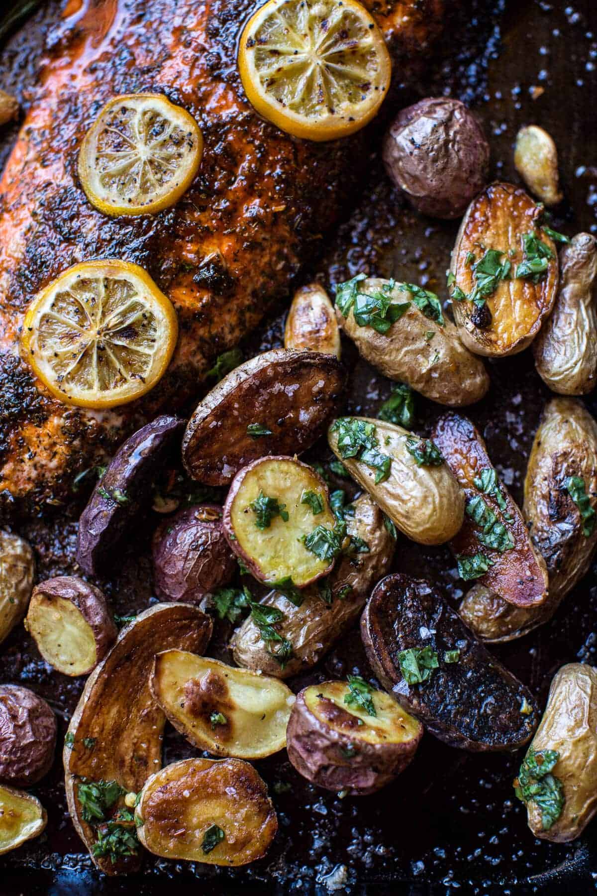 One Pan Lemon Roasted Salmon, Potatoes and Parmesan Asparagus | halfbakedharvest.com @hbharvest