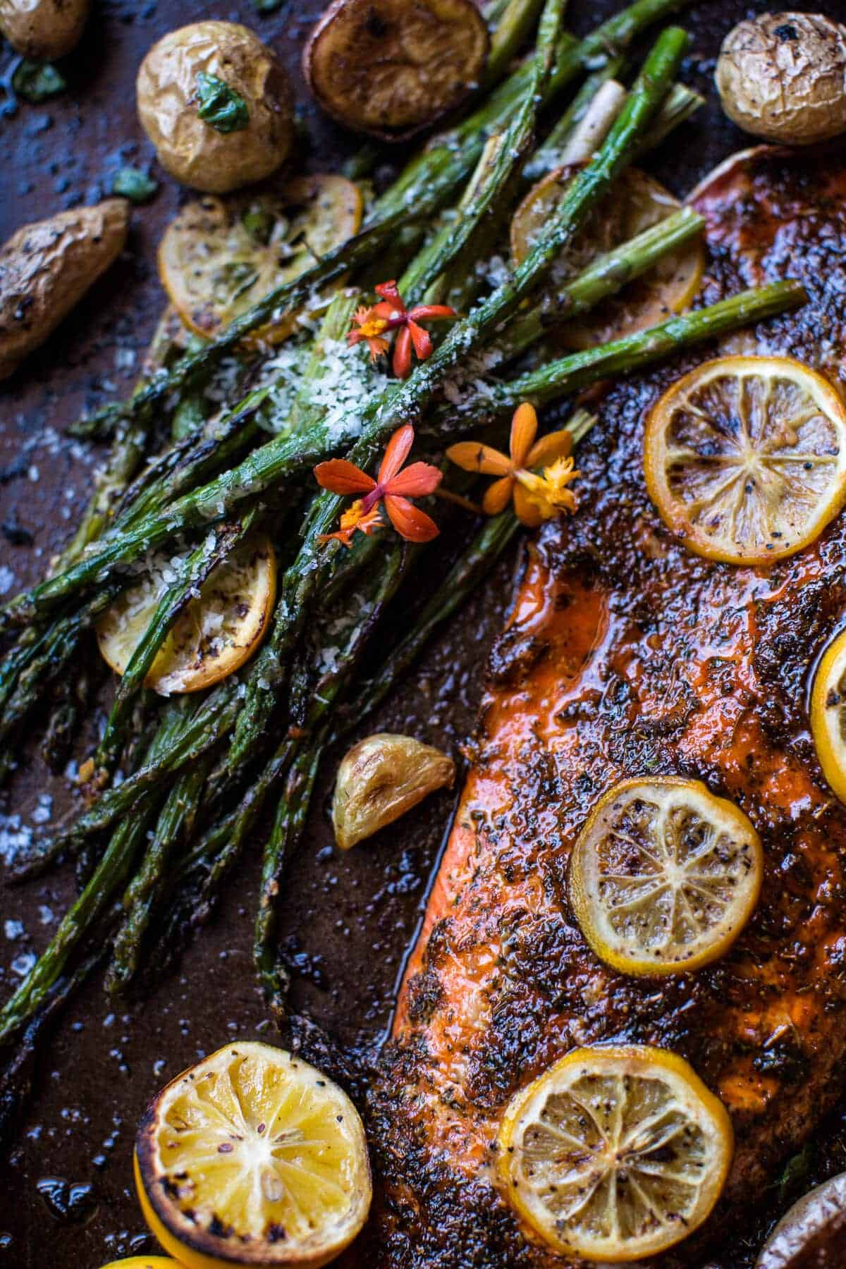 One Pan Lemon Roasted Salmon, Potatoes and Parmesan Asparagus | halfbakedharvest.com @hbharvest