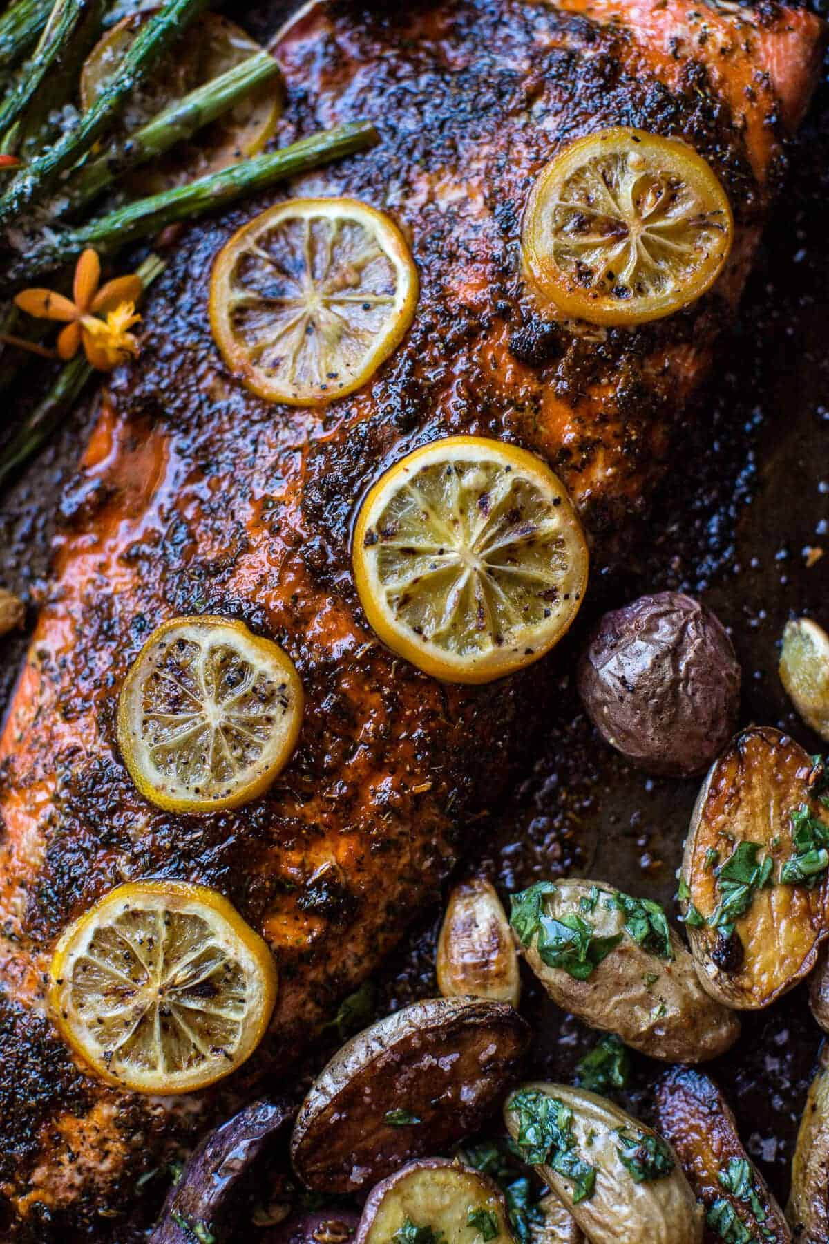 One Pan Lemon Roasted Salmon, Potatoes and Parmesan Asparagus | halfbakedharvest.com @hbharvest