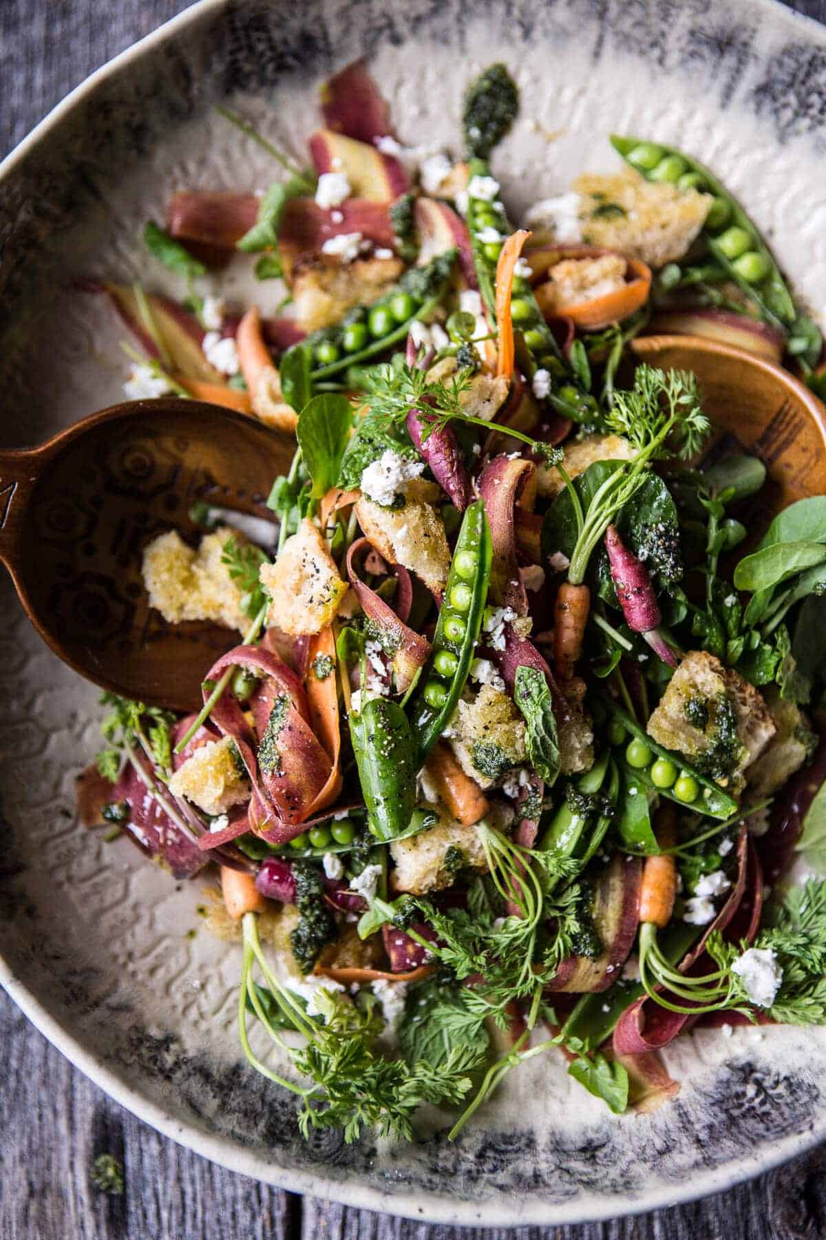 Spring Pea and Carrot Salad with Carrot Top Pesto | halfbakedharvest.com @hbharvest
