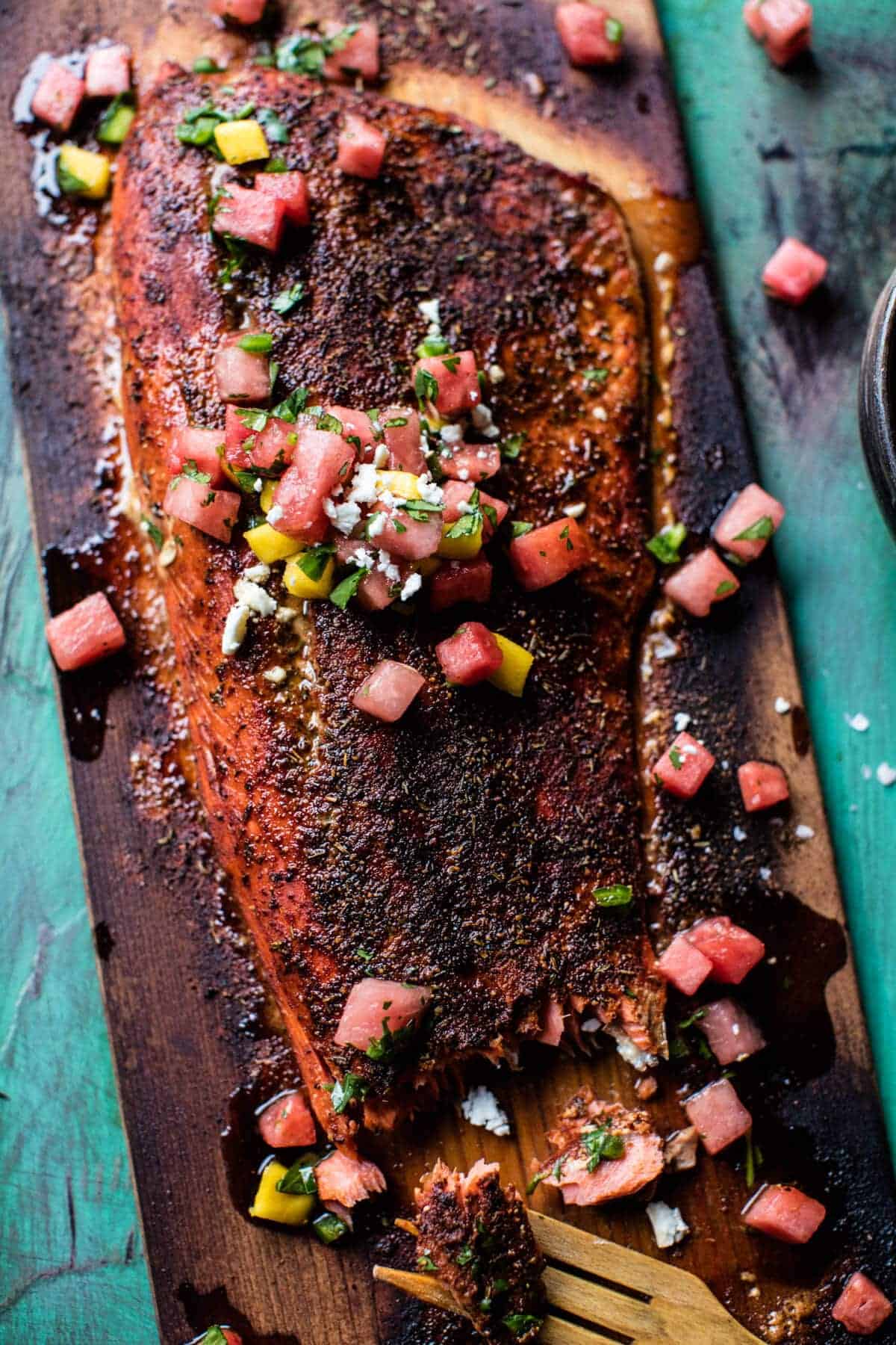 Cedar Plank Salmon with Watermelon Feta Salsa | halfbakedharvest.com @hbharvest