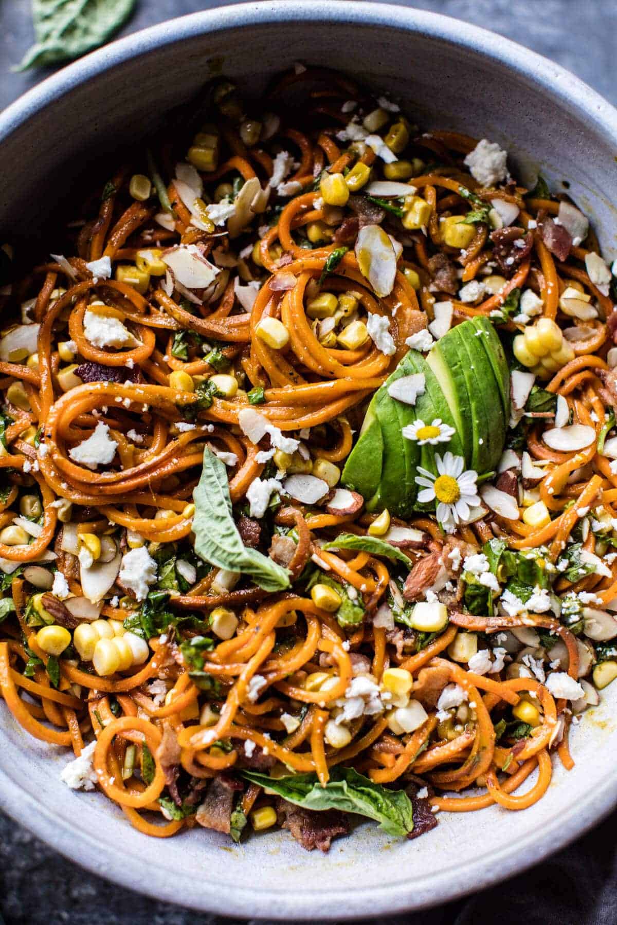 Corn, Feta and Basil Sweet Potato Noodle Carbonara | halfbakedharvest.com @hbharvest