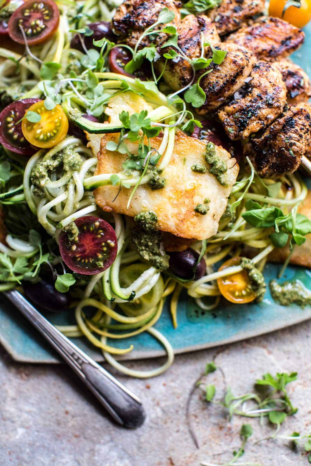 Mediterranean Chicken and Summer Squash Noodles with Fried Halloumi | halfbakedharvest.com @hbharvest