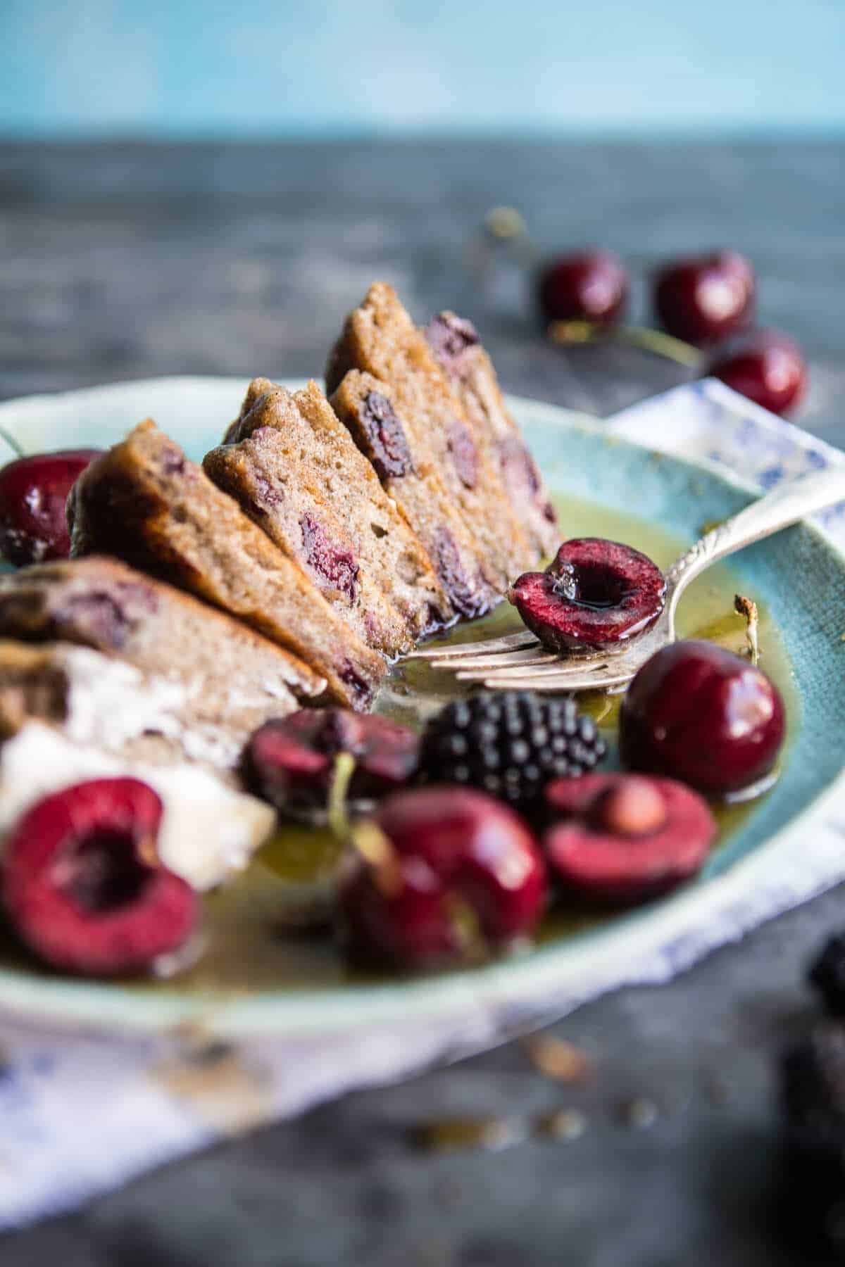 Sweet Cherry Buckwheat Pancakes with Bourbon Butter Syrup + Bacon | halfbakedharvest.com @hbharvest
