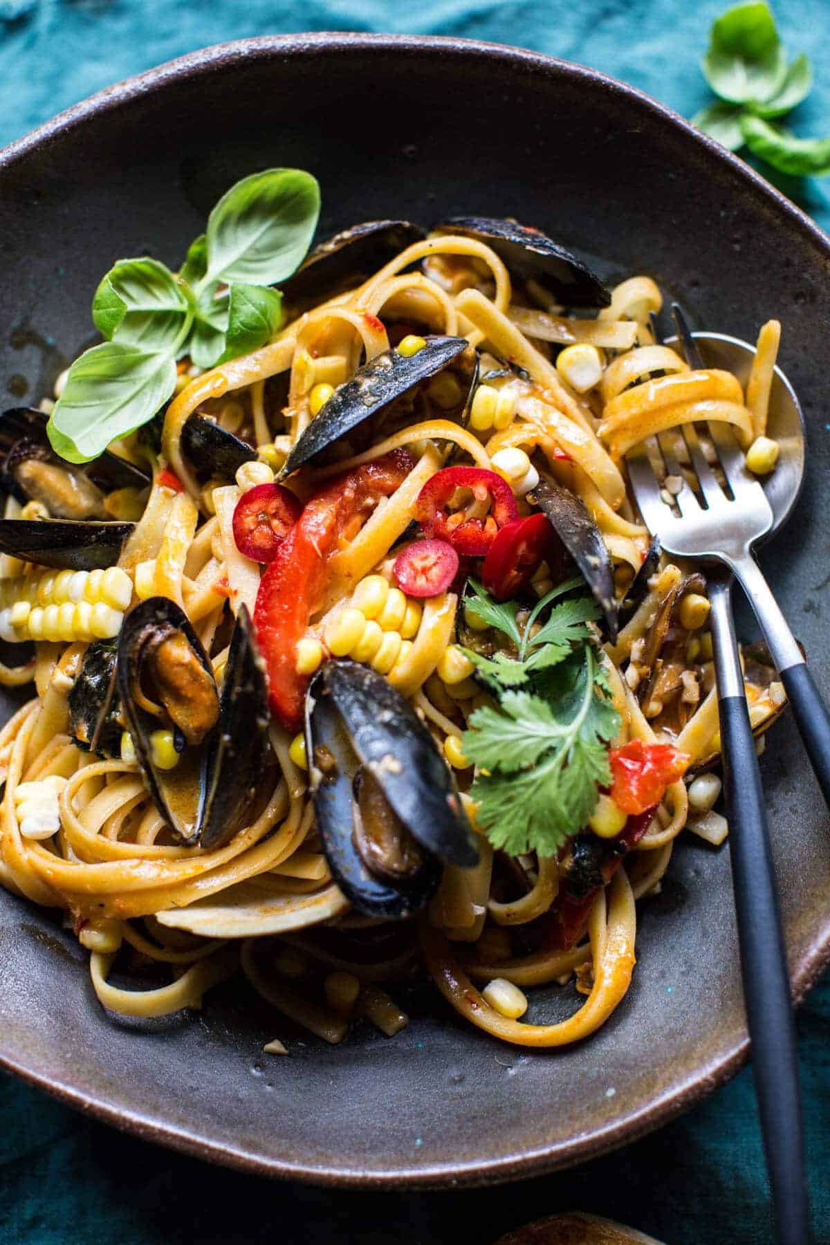Basil Coconut Curry Pasta with Clams, Mussels and Corn | halfbakedharvest.com @hbharvest
