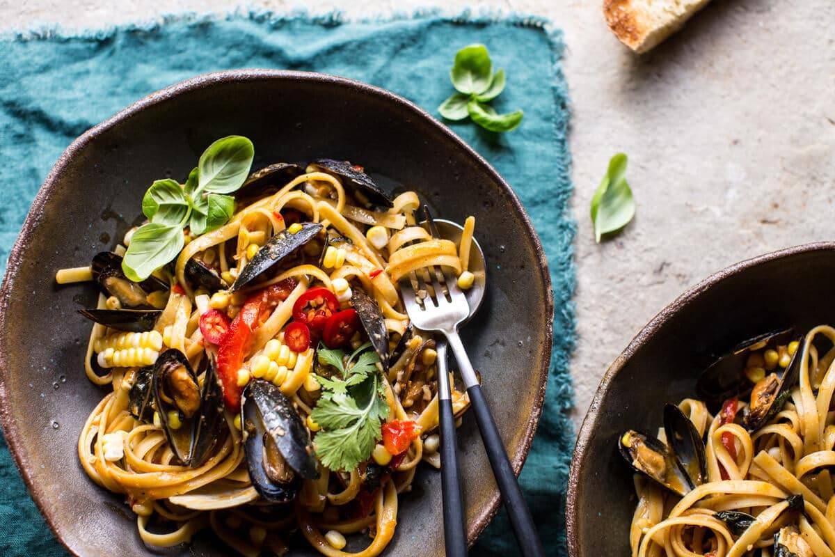Basil Coconut Curry Pasta with Clams, Mussels and Corn | halfbakedharvest.com @hbharvest