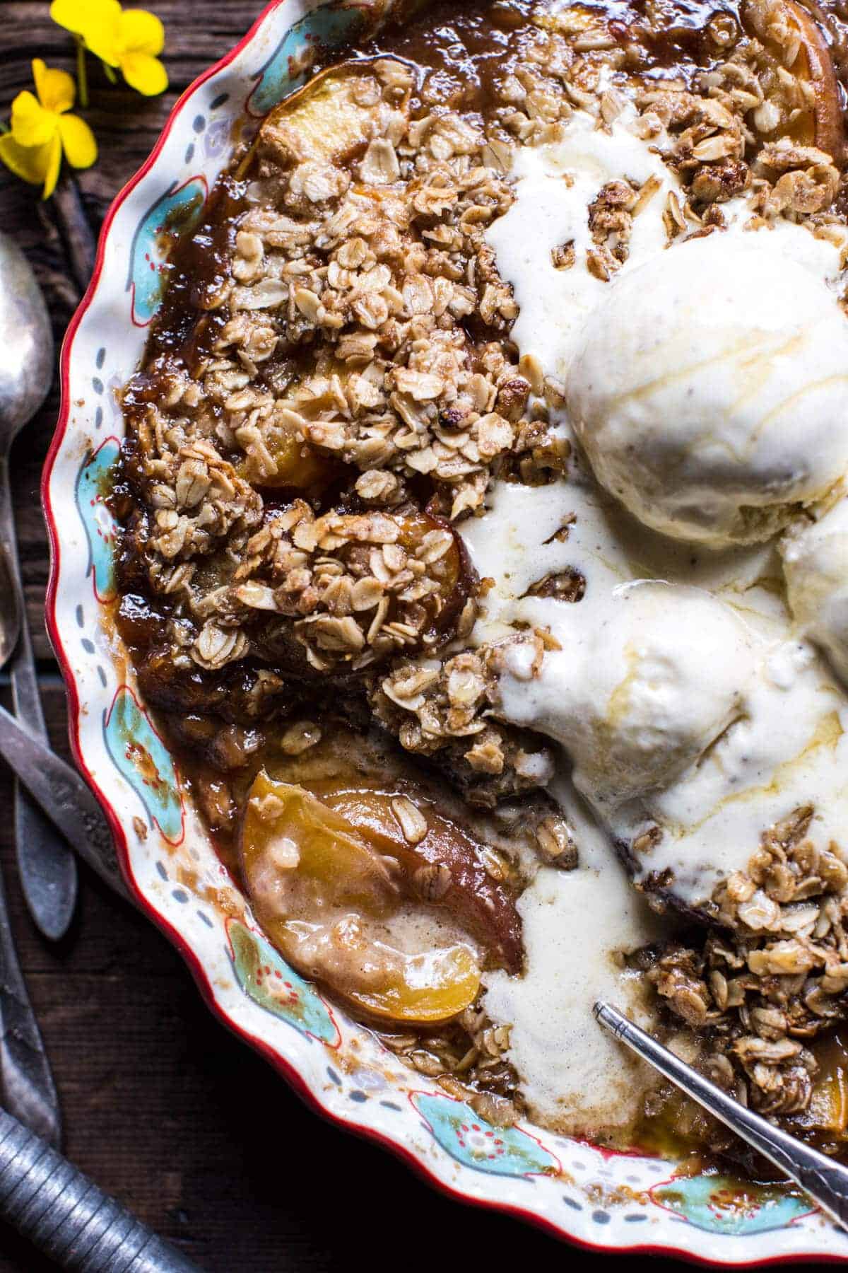 Brown Sugar Caramel Oatmeal Cookie Peach Crisp | halfbakedharvest.com @hbharvest