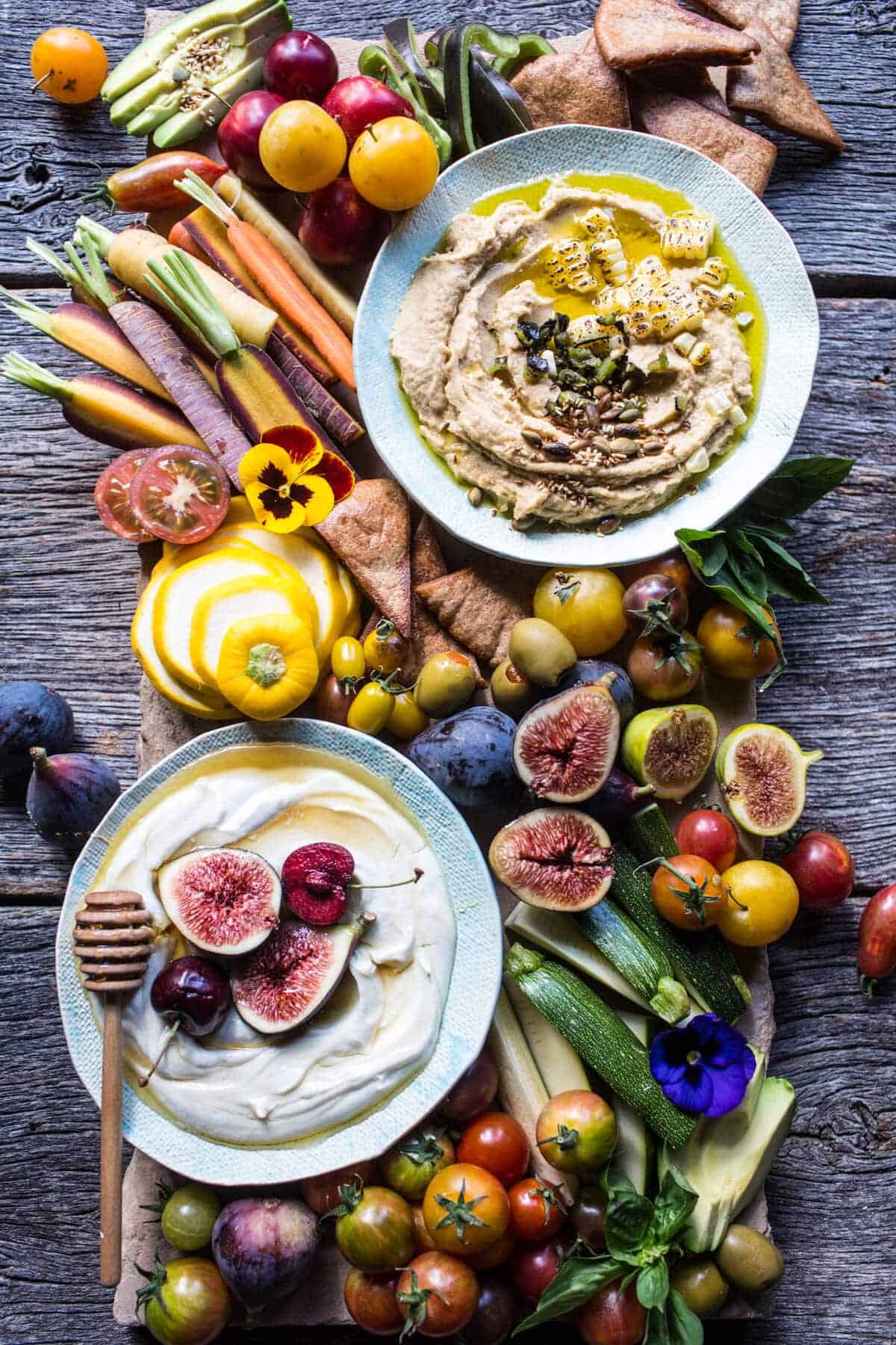 Market Veggie Board with Roasted Corn Jalapeno Hummus + Honey Whipped Goat Cheese | halfbakedharvest.com @hbharvest