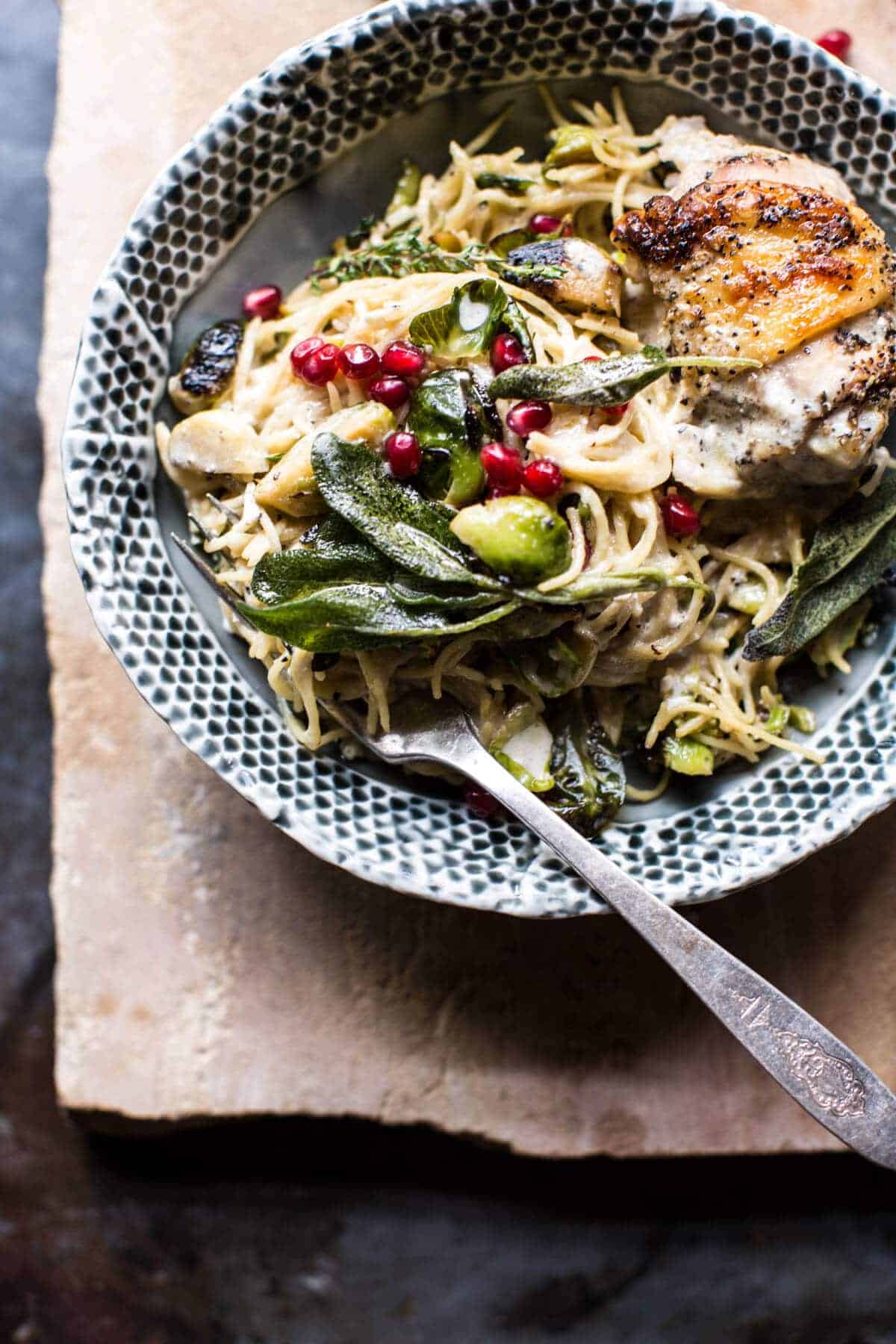 Sage Butter Lemon Roasted Chicken in Goat Milk With Brussels Sprout Pasta | halfbakedharvest.com @hbharvest