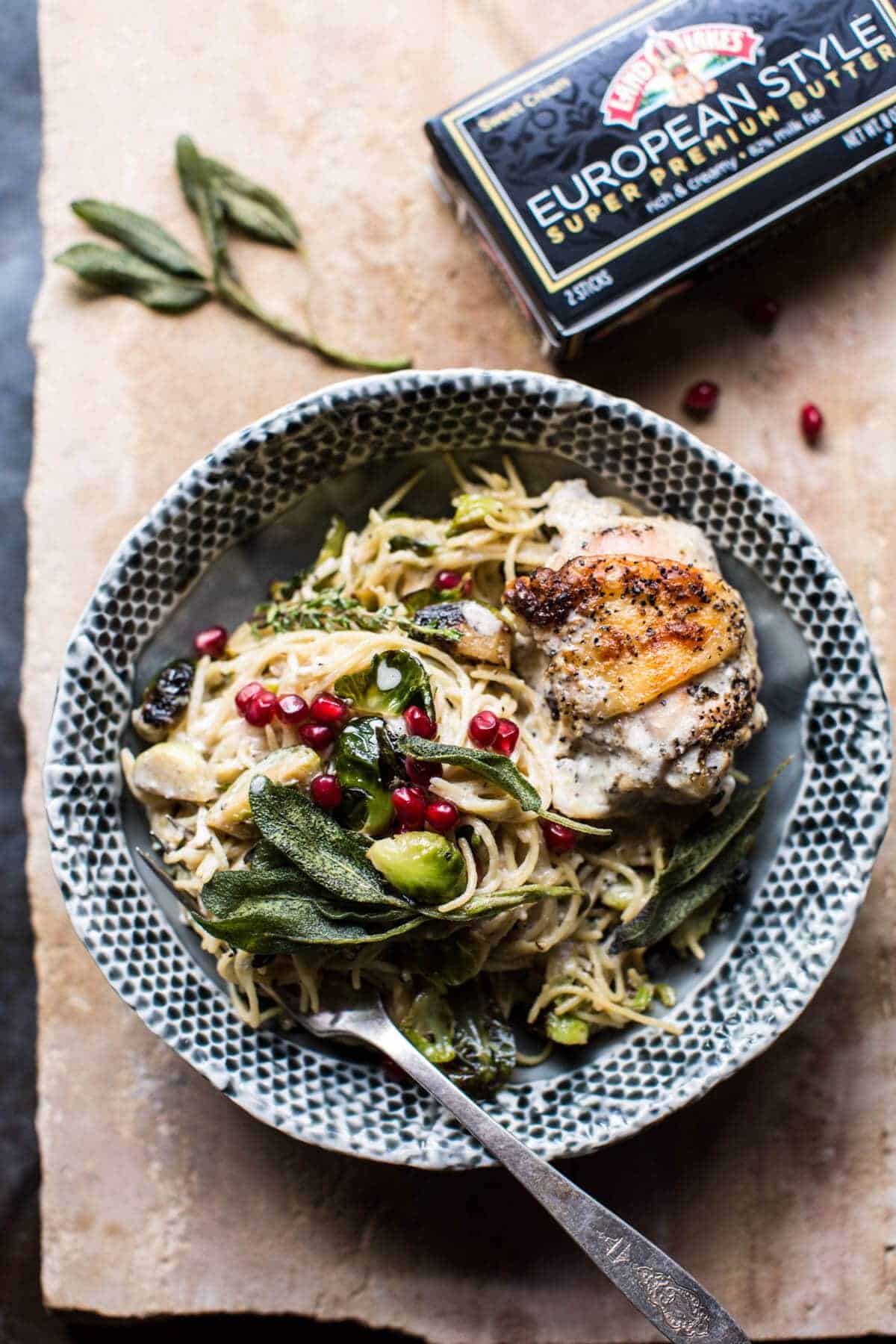 Sage Butter Lemon Roasted Chicken in Goat Milk With Brussels Sprout Pasta | halfbakedharvest.com @hbharvest