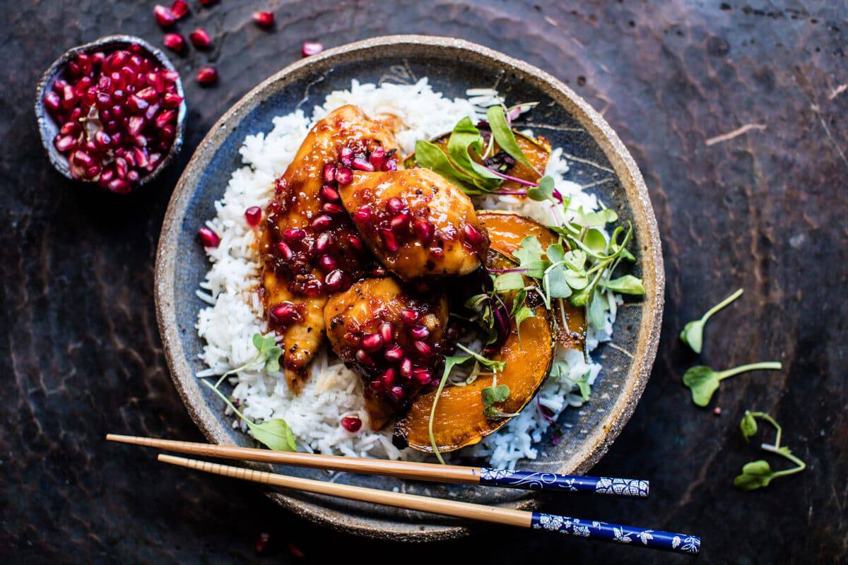 Sheet Pan Sticky Pomegranate Chicken and Honey Roasted Squash | halfbakedharvest.com @hbharvest