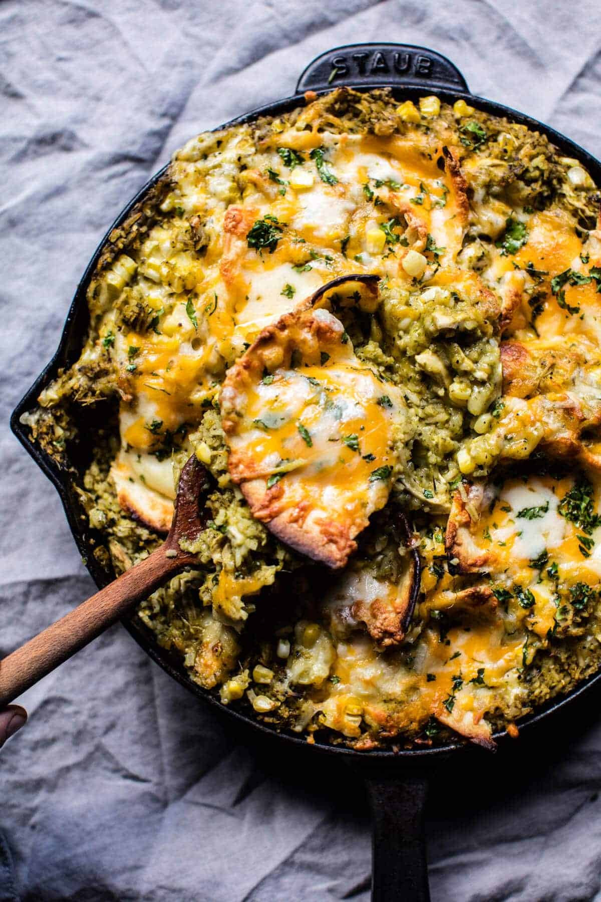 Skillet Salsa Verde Chicken Tortilla Rice Bake | halfbakedharvest.com @hbharvest