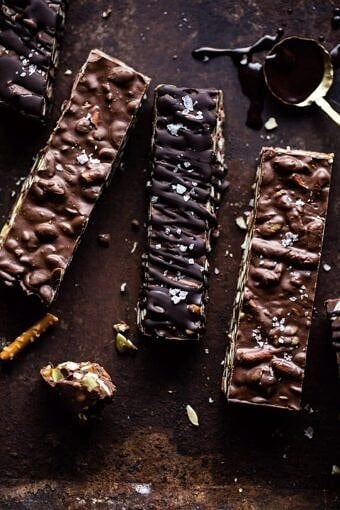 Addicting 5 Ingredient Crockpot Chocolate Bars | halfbakedharvest.com #dessert #halloween #chocolate #candybar