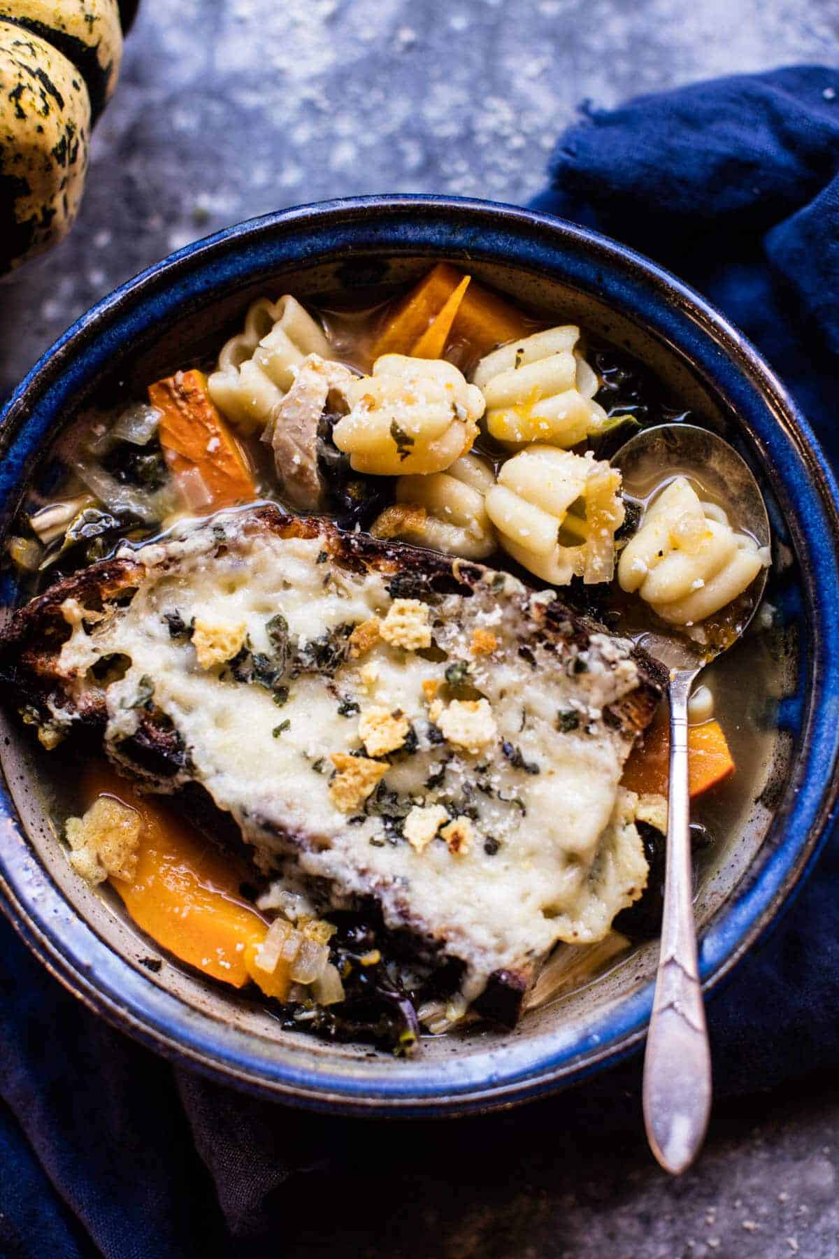 Italian Pumpkin and Kale Chicken Noodle Soup with Fontina Toast | halfbakedharvest.com @hbharvest