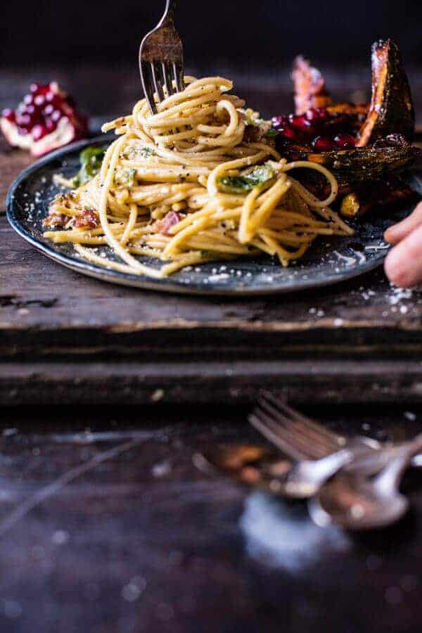 Brussels Sprout Carbonara with Pomegranate Roasted Winter Squash | halfbakedharvest.com @hbharvest