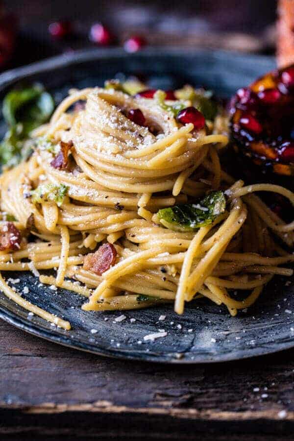Brussels Sprout Carbonara with Pomegranate Roasted Winter Squash | halfbakedharvest.com @hbharvest