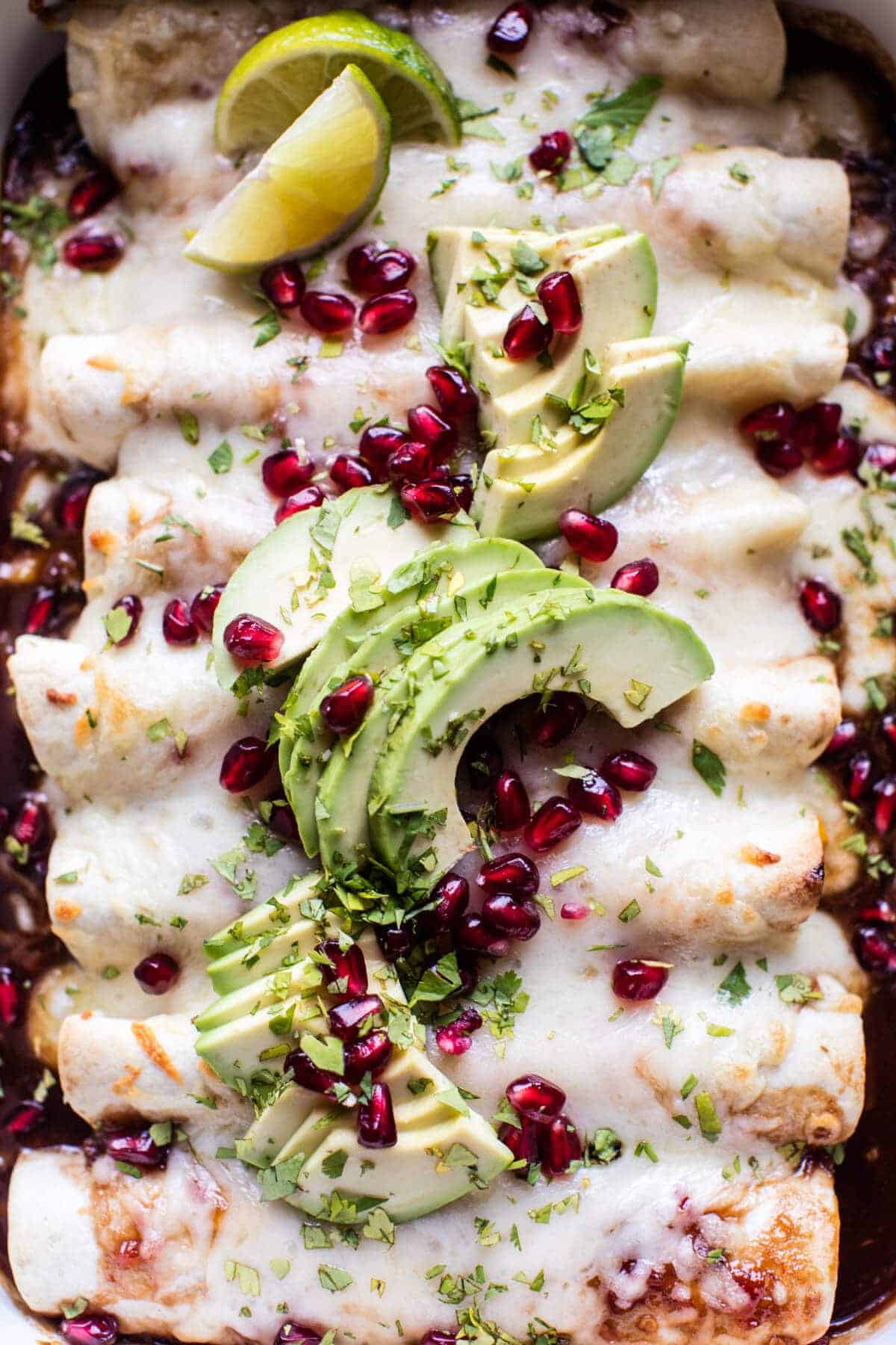 Cheesy Sweet and Sour Pomegranate Thai Chicken Enchiladas | halfbakedharvest.com @hbharvest