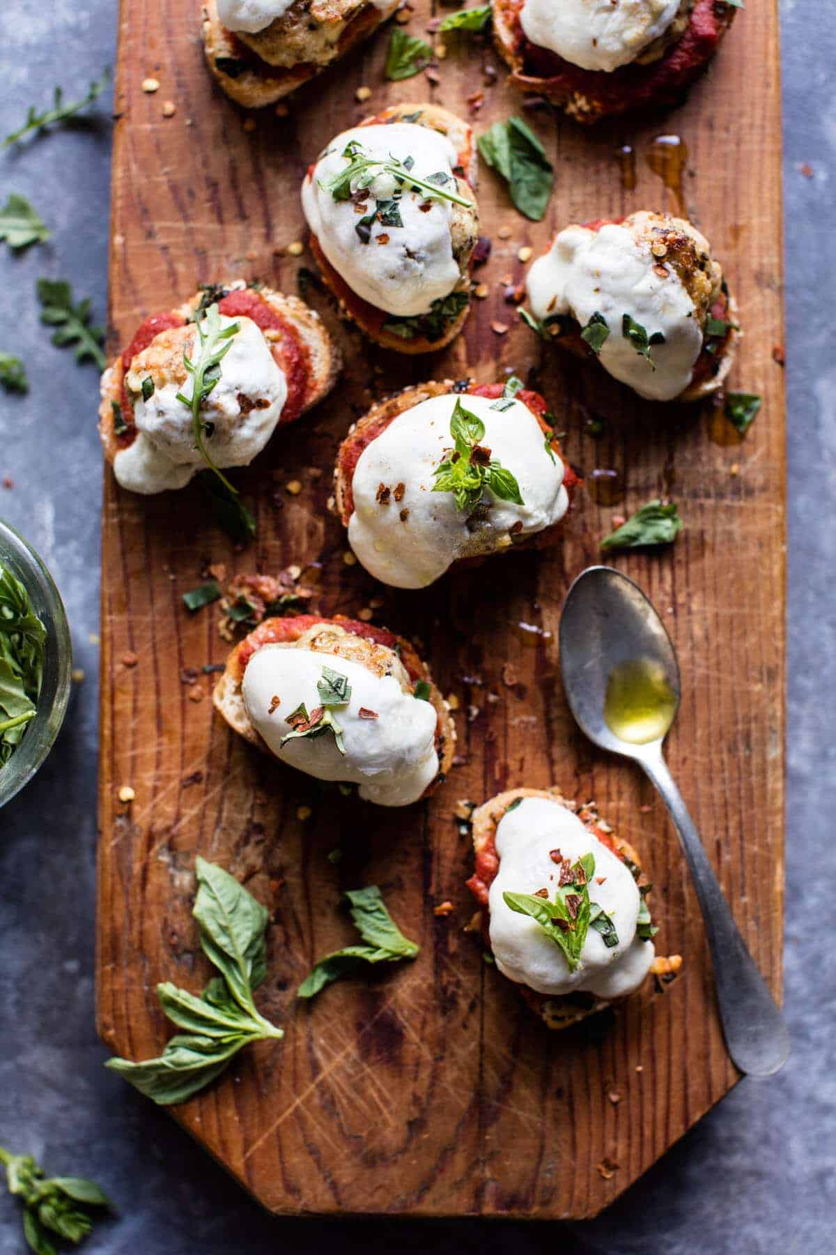 Chicken Parmesan Meatball Crostini | halfbakedharvest.com @hbharvest
